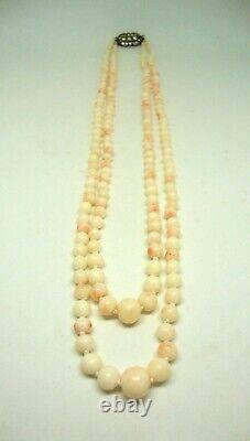 Antique Hand Carved Graduated Natural Angel Skin Coral Two Row Necklace