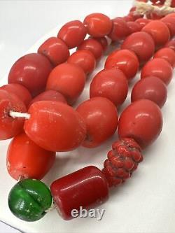 Antique Handmade Czech Coral Look Glass Beaded Necklace/Beads, Original String