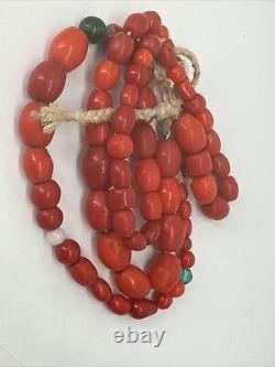 Antique Handmade Czech Coral Look Glass Beaded Necklace/Beads, Original String