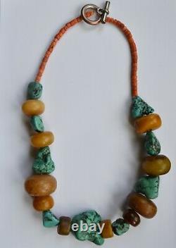 Antique Himalayan Tibetan necklace with large Turquoise Red coral beads