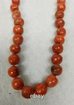 Antique Italian Chinese Tibetan Coral Bead Necklace Sterling Silver Chain Knots