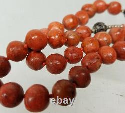 Antique Italian Chinese Tibetan Coral Bead Necklace Sterling Silver Chain Knots