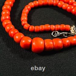 Antique Large S925 Chinese Natural Red Coral 6-13.5mm Beaded Necklace 50g