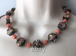 Antique MURANO ART DECO Wedding Cake Black Pink Coral Glass Rolled Gold NECKLACE