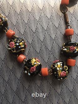 Antique MURANO ART DECO Wedding Cake Black Pink Coral Glass Rolled Gold NECKLACE