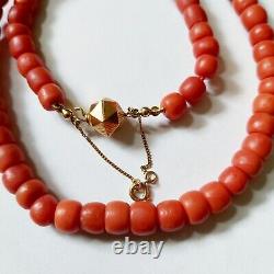Antique Mediterranian Large Natural Coral Beads Necklace 14K Gold Clasp 49 grams