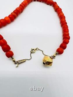 Antique Mediterranian Large Natural Coral Beads Necklace 14K Gold Clasp 49 grams