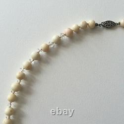 Antique Natural Angel Skin Coral & Rock Crystal Bead Necklace with Silver Clasp