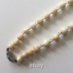 Antique Natural Angel Skin Coral & Rock Crystal Bead Necklace with Silver Clasp