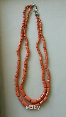 Antique Natural Coral Hand Carved & Strung, Large Bead Necklace & Sliver Clasp