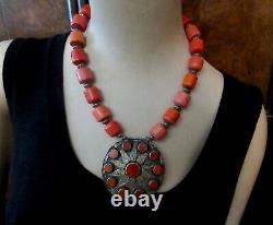 Antique Natural Coral Pendant Necklace Chunky Ethnic Tribal Boho Bead -Superb