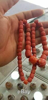 Antique Natural Coral Salmon Red Color Chinese Tibetan Beads Mala Necklace 73gr