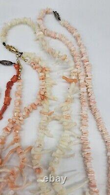 Antique Natural Orange & Angel Skin Coral Necklaces Sterling Clasp Old Pieces