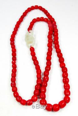 Antique, Natural Oxblood Red Coral, White Jade Bead Necklace