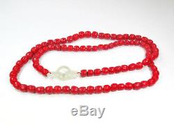 Antique, Natural Oxblood Red Coral, White Jade Bead Necklace