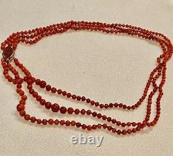 Antique Natural Red Coral Beads 3 Strand Necklace Carved 14k Gold Clasp 41 Gram