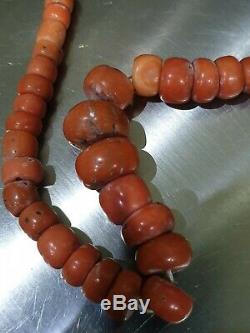 Antique Natural Red Coral Beads Necklace Graduated Rounded Barrel shaped 51g