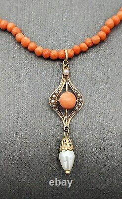 Antique Natural Salmon Coral Necklace with 10k Seed Pearl Lavalier Pendant