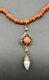 Antique Natural Salmon Coral Necklace With 10k Seed Pearl Lavalier Pendant