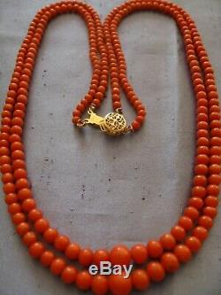 Antique Natural Two Strand Red Mediterranean Coral Bead Necklace 14k Gold Clasp