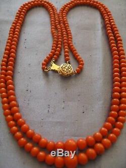 Antique Natural Two Strand Red Mediterranean Coral Bead Necklace 14k Gold Clasp