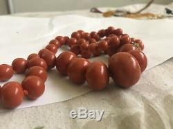 Antique Natural Untreated Oxblood Red Coral Barrel Bead Necklace 74 Grams