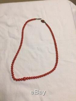 Antique Natural Untreated Red Coral Beads Necklace with Sterling Silver Clasp