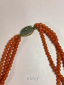 Antique Natural Untreated Salmon Coral Beads Necklace with Silver Clasp 3 Strand