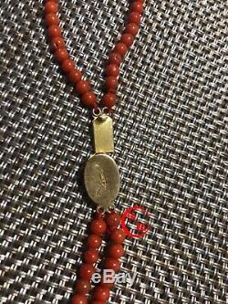 Antique Natural red coral beads two rows necklace Elliptical silver buckle