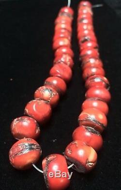 Antique Old Natural Red Chunky 35 Coral Beads On String/Strand Necklace Crafts