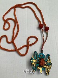 Antique Qing Dynasty Chinese Mandarin Court Necklace Kingfisher Coral Beads