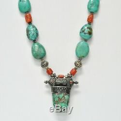 Antique RARE Tibetan Chinese Turquoise & Coral Sterling Silver Beads Necklace