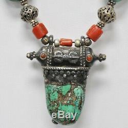 Antique RARE Tibetan Chinese Turquoise & Coral Sterling Silver Beads Necklace