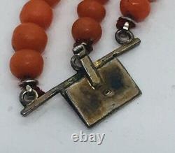Antique Red Coral Graduated Beaded Triple Strand Silver Clasp Necklace
