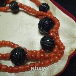 Antique Red Coral and Black Jet/Coral Carved Graduated Beads 36 inches
