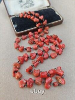 Antique Red Salmon Branch coral 925 Silver bead vintage Necklace undyed Tibetan
