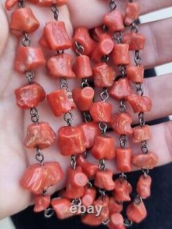 Antique Red Salmon Branch coral 925 Silver bead vintage Necklace undyed Tibetan
