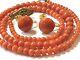 Antique Red Salmon Coral Graduated Beaded Necklace And Button Earrings