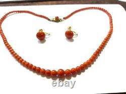 Antique Red Salmon Coral Graduated Beaded Necklace and Button Earrings