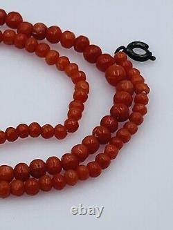 Antique Reddish Orange Coral Small Beaded Silver Clasp Necklace 14 1/2