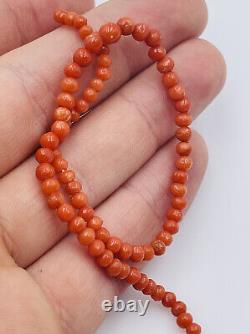 Antique Reddish Orange Coral Small Beaded Silver Clasp Necklace 14 1/2