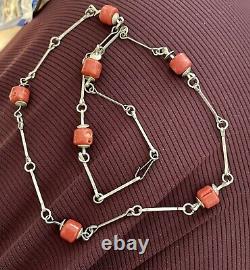 Antique Sterling Silver Necklace with Genuine Red Coral Beads Old 20