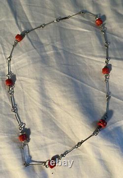 Antique Sterling Silver Necklace with Genuine Red Coral Beads Old 20