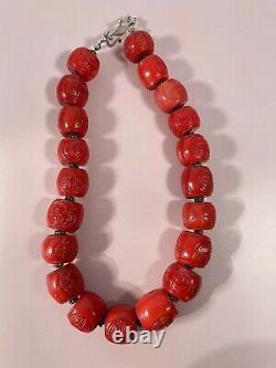 Antique Tibetan Natural Large Coral Carved Beads Necklace Deep Red 236g 22mm