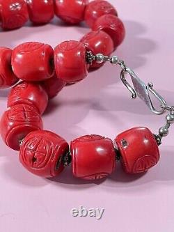 Antique Tibetan Natural Large Coral Carved Beads Necklace Deep Red 236g 22mm