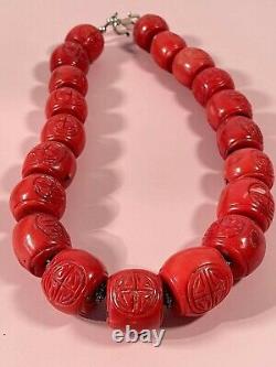 Antique Tibetan Natural Large Coral Carved Beads Necklace Deep Red 328g 22mm