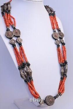 Antique Turkmenistan Coral & Silver Ethnic Tribal Necklace