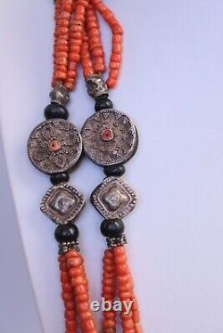 Antique Turkmenistan Coral & Silver Ethnic Tribal Necklace