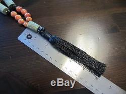Antique VTG Chinese Carved SHOU Turquoise Sponge Coral Bead Necklace 14K Clasp