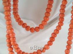 Antique Very Long 60'' Natural Deep Red Salmon Coral Bead Necklace 60'' Long